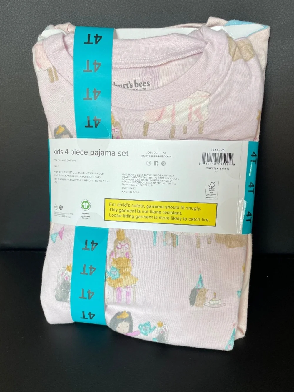 NWT Burt's Bees 4pc Pajama Set 100% Organic Cotton Unicorn Tea Party 4T